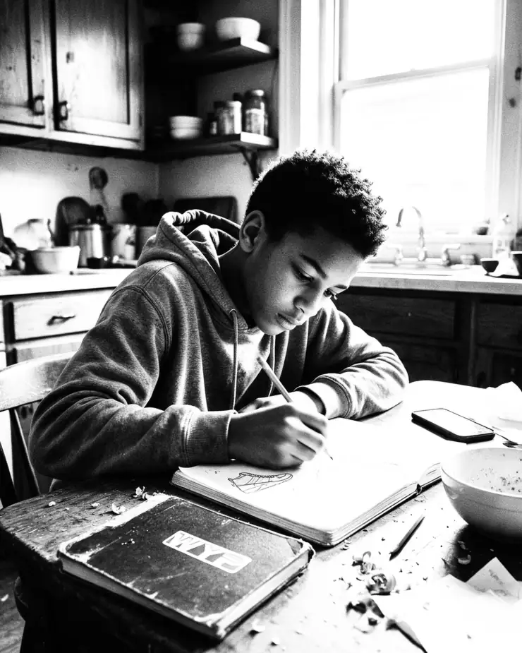 A teenager sketching sneaker ideas at a kitchen table at home