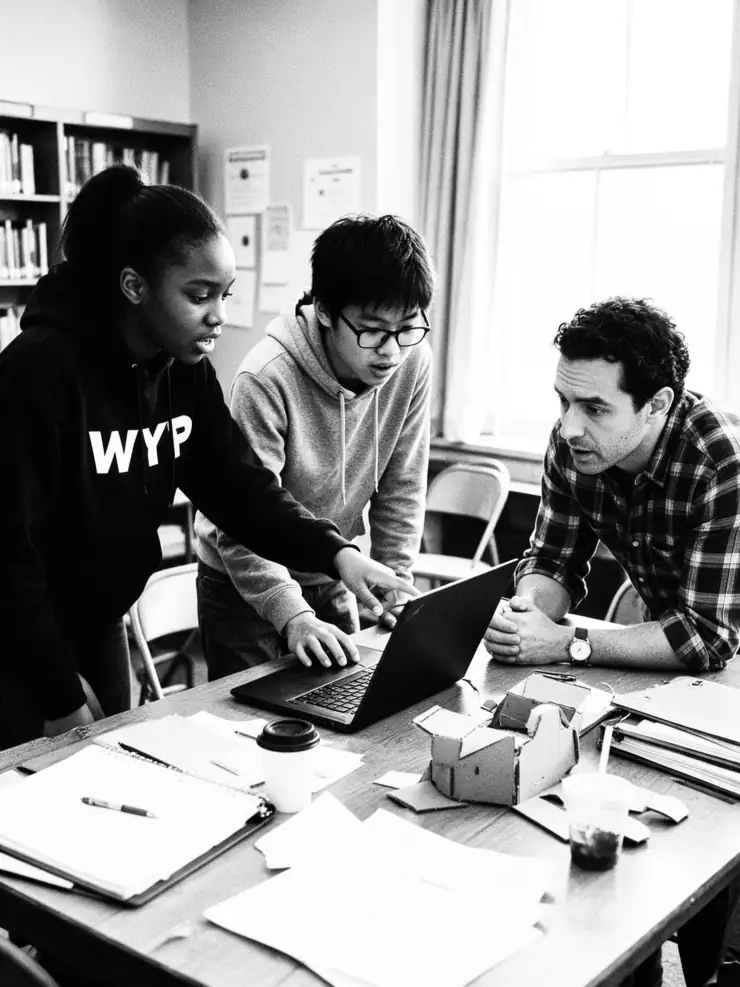 Two teenagers pitching an idea on a laptop to a mentor in a library