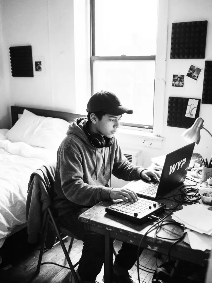 A teenager making a beat on a laptop with a WYP sticker in his bedroom